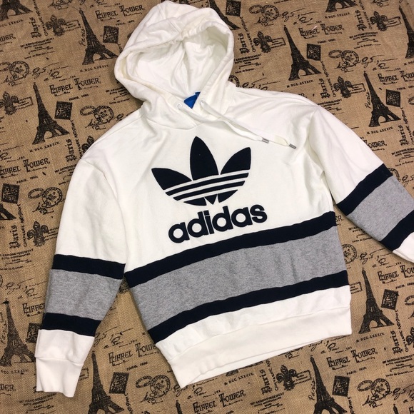 Adidas White/Navy Blue/Grey Striped Logo Embroidered Hooded Jacket Size S - Picture 2 of 9